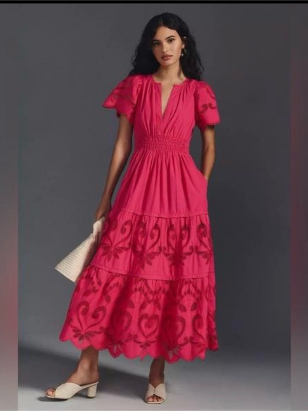Anthropologie Fuchsia Embroidered Tiered Maxi Dress